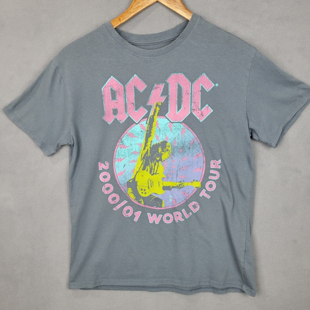 AC/DC T-Shirt Boys Large Gray Cotton Graphic Print World‎ Tour 2000/01 Pullover